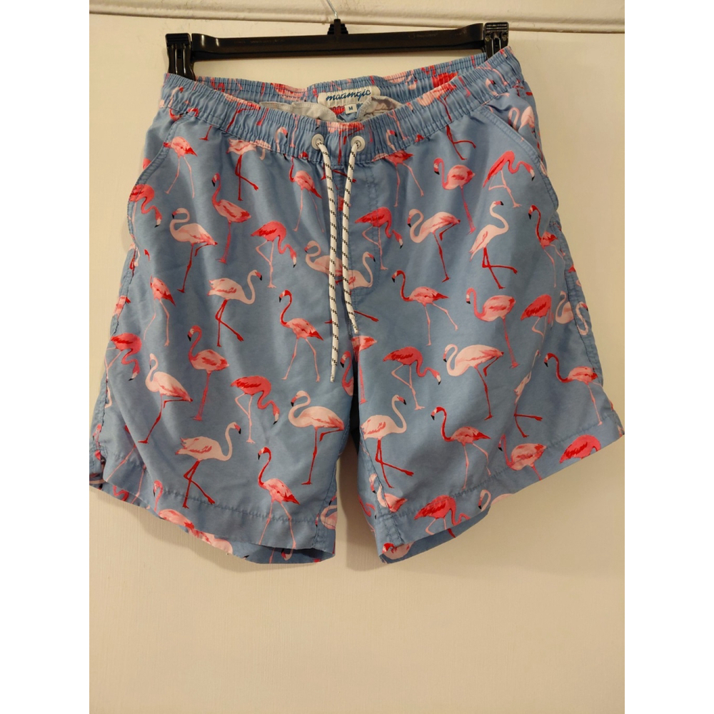 Maamgic Swim Trunks sz M Men Pink Flamingos Tropical Blue Pink 33x6.5 Resortwear